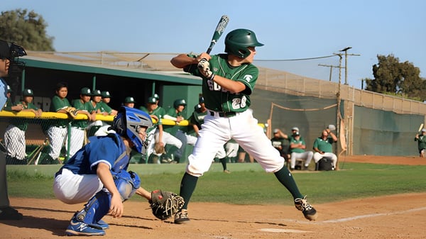 Un jugador de béisbol del Torrance Unified School District está en el plato y se prepara para batear.