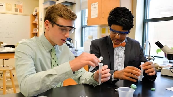 Dos estudiantes de la Tower Hill School trabajan juntos en un escritorio en el área de estudio.