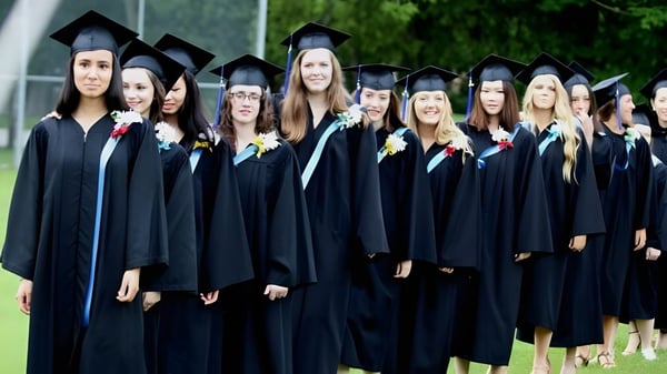 Un grupo de graduadas y graduados de la Trafalgar Castle School está de pie en togas académicas al aire libre frente a un fondo verde.
