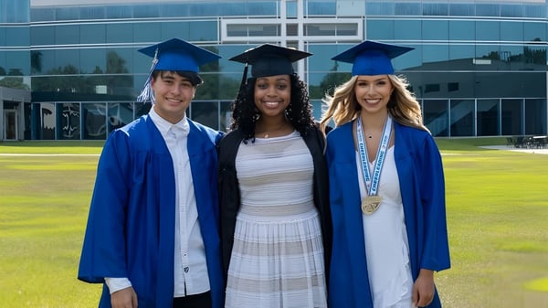 Tres absolventes de la Trinity Christian Academy están en togas azules frente a un edificio moderno con un césped de fondo.