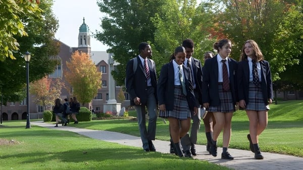 Estudiantes en uniformes escolares caminan por un camino bordeado de árboles en el campus de la Trinity College School con un edificio histórico al fondo.
