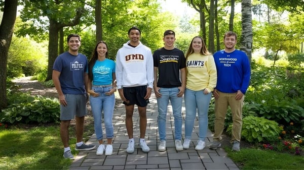 Un grupo de estudiantes se encuentra en un camino de ladrillos en el jardín verde de la University of Wisconsin-Superior.