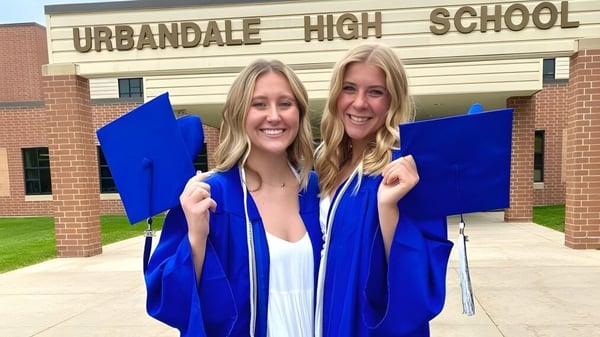 Dos estudiantes en togas de graduación azules están frente al edificio de ladrillo de Urbandale High School.
