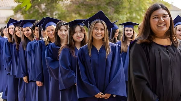 Estudiantes de la Villanova Preparatory School están en túnicas de graduación azules frente a árboles y un fondo verde.