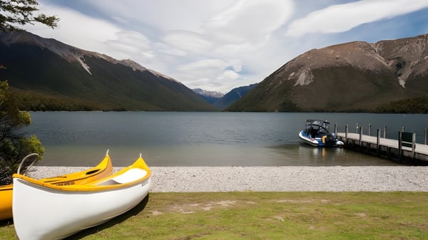 Un lago tranquilo con montañas y botes se encuentran en la orilla del terreno del Waimea College.