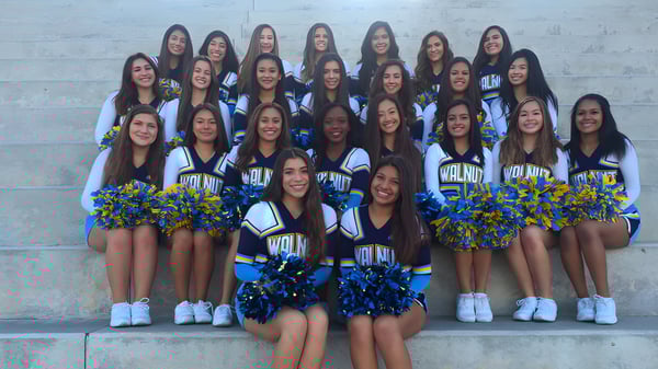 Un grupo de animadoras en uniformes azules y amarillos posan frente a una pared de concreto en el campus del Walnut Valley School District.