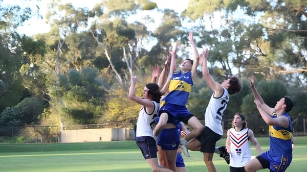 Estudiantes juegan baloncesto en un campo de césped con árboles en el Wanneroo Secondary College.