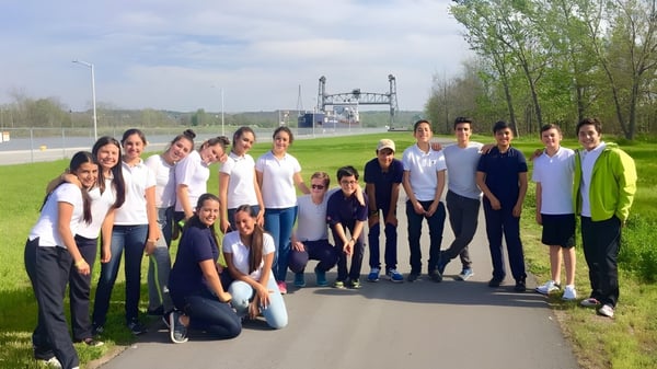 Un grupo de alumnas y alumnos está en un campo con vista a un estadio deportivo en el terreno del Waterloo Region District School Board.