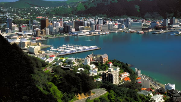 Vista de la vibrante ciudad cercana al Wellington Girls' College con puerto y colinas verdes de fondo.