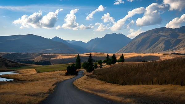 Un sinuoso camino de arena atraviesa una amplia pradera dorada frente a las montañas en el terreno de la Wellington High School.