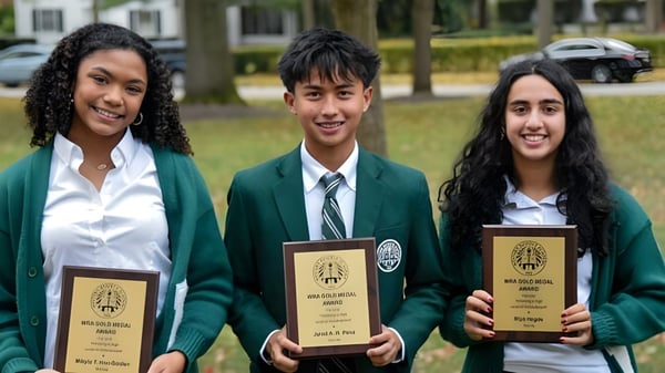 Tres estudiantes de la Western Reserve Academy están al aire libre sosteniendo premios en las manos.