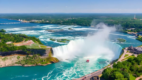 Toma aérea de las Niagara Falls con la cascada y la vegetación circundante cerca de la Western Technical-Commercial School.
