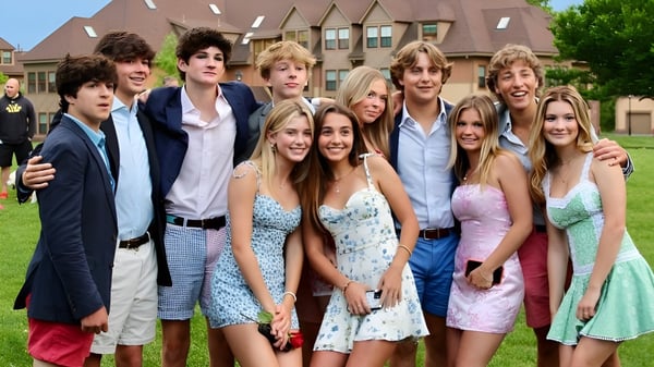 Un grupo de estudiantes está frente a un edificio con una arquitectura distintiva en el campus de la Westminster School.