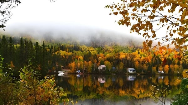 Un lago tranquilo rodeado de hojas otoñales frente a colinas boscosas cerca de la Westwood High School.