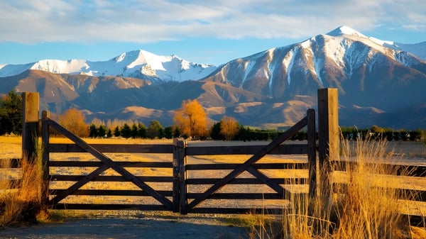 Una rústica puerta de madera conduce a un amplio campo dorado con montañas nevadas al fondo en el terreno de la Whanganui Collegiate School.