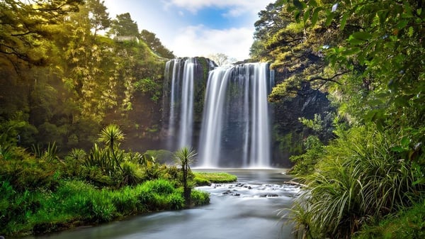 Una cascada doble rodeada de rocas y vegetación exuberante en el terreno de Whangarei Boys’ High School.