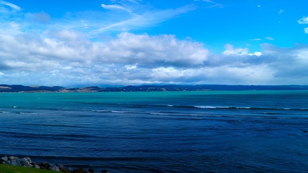 Vista del océano con montañas en el horizonte desde el terreno del William Colenso College.