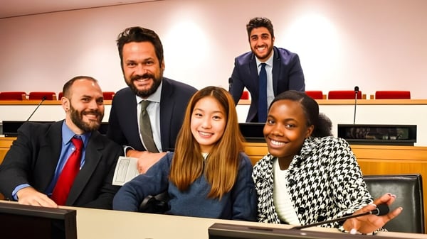 Un grupo diverso de estudiantes de la Winchendon School en Nueva York se sienta juntos en una sala de reuniones profesional.