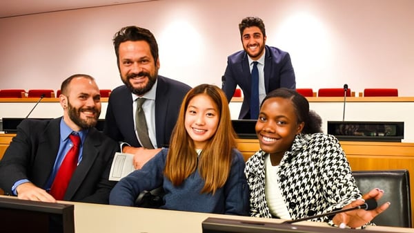 Un grupo de profesionales se sienta en la sala de conferencias de la Winchendon School en New York City.