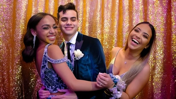 Tres personas posan juntas frente a un fondo dorado en el campus de la Woodbridge School.