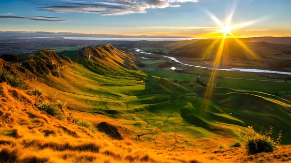 El paisaje ondulado al atardecer muestra un entorno verde cerca de Woodford House.