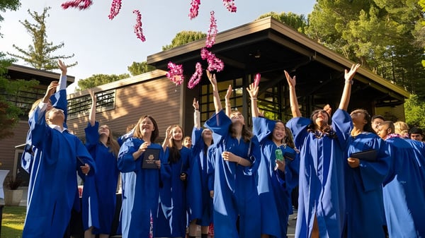 Un grupo de graduados de la Woodside Priory School está en túnicas azules frente a un edificio de madera con flores rosas colgantes.