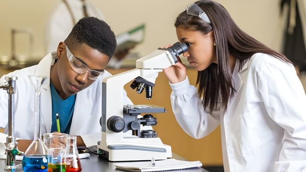 Dos estudiantes de Worksop College examinan algo en el laboratorio con un microscopio.