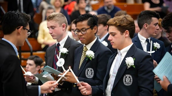 Un grupo de estudiantes de la Xavier High School está vestido de manera formal en un evento académico con público al fondo.